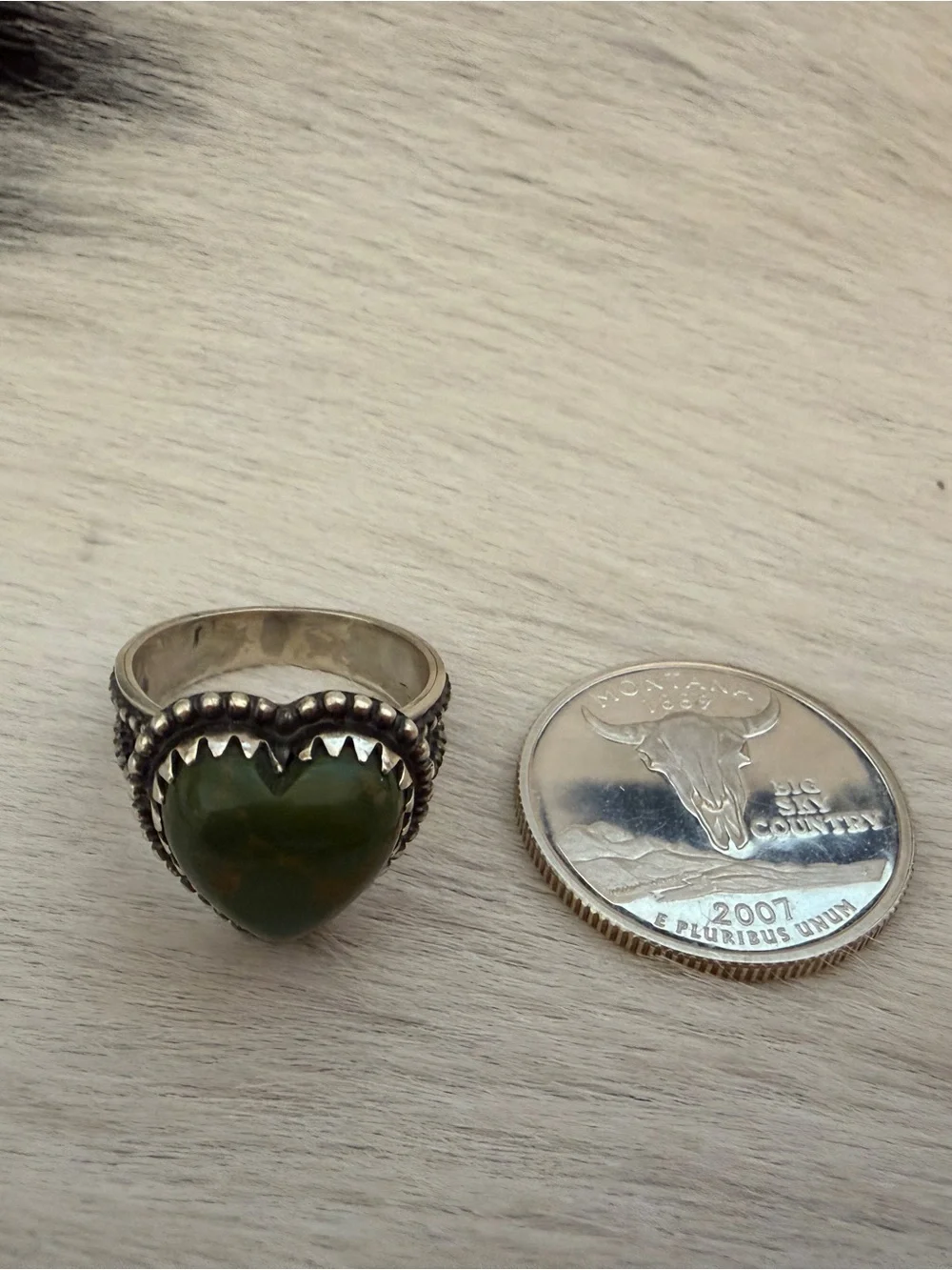 ❤️ Kingman Green Turquoise Heart Sterling Silver Navajo Style Western Ring SZ 7 - Picture 11 of 17